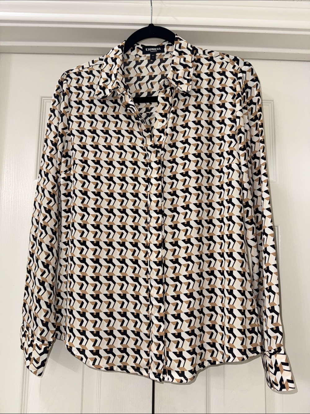 Express Women’s Geometric Button-Down Shirt - White, Brown & Black